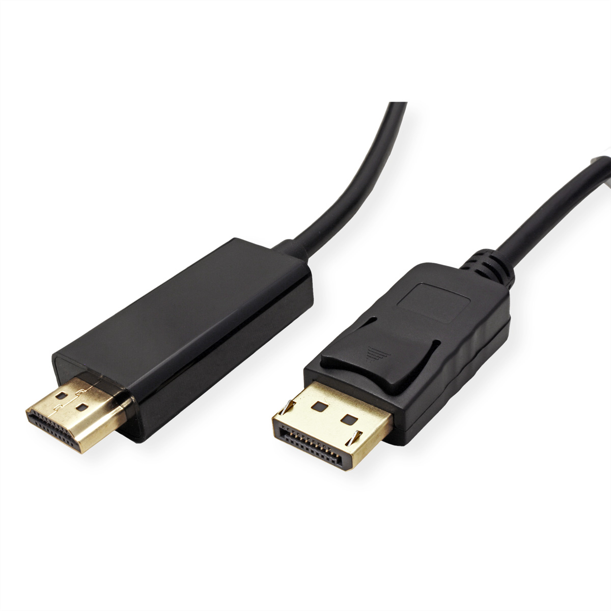 Ein schwarzes HDMI-auf-DisplayPort-Kabel mit goldenen Anschlüssen auf weißem Hintergrund.