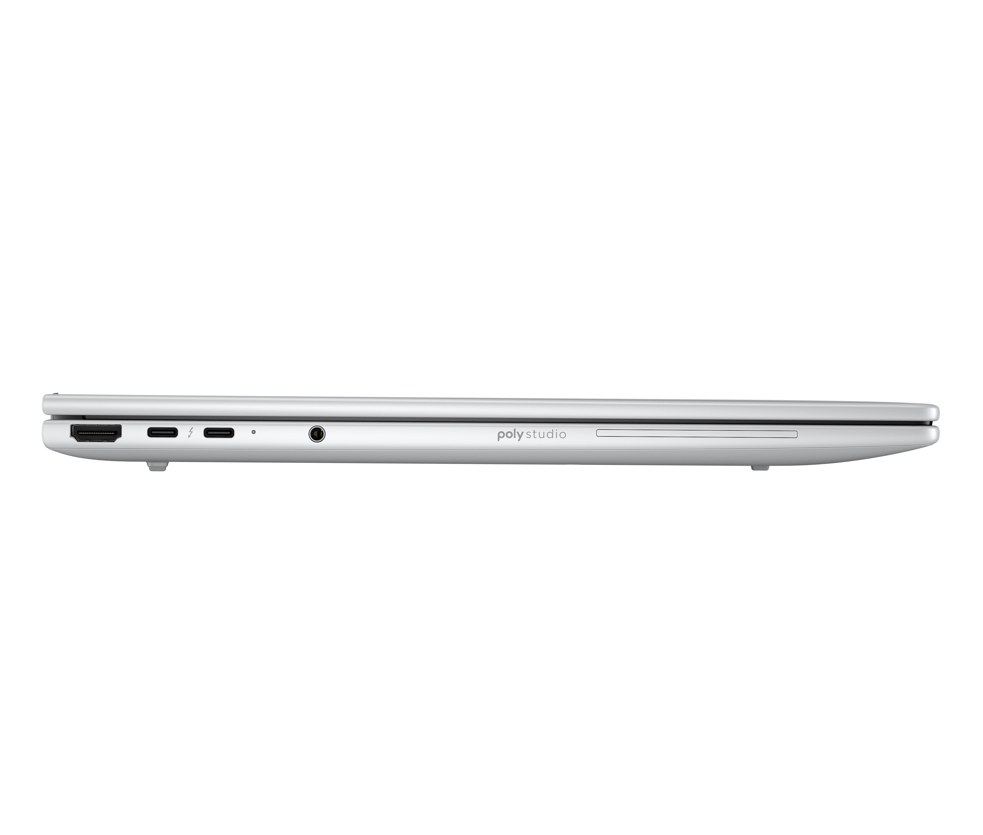 Profilo laptop argento con porte: HDMI, USB-C, jack cuffie.