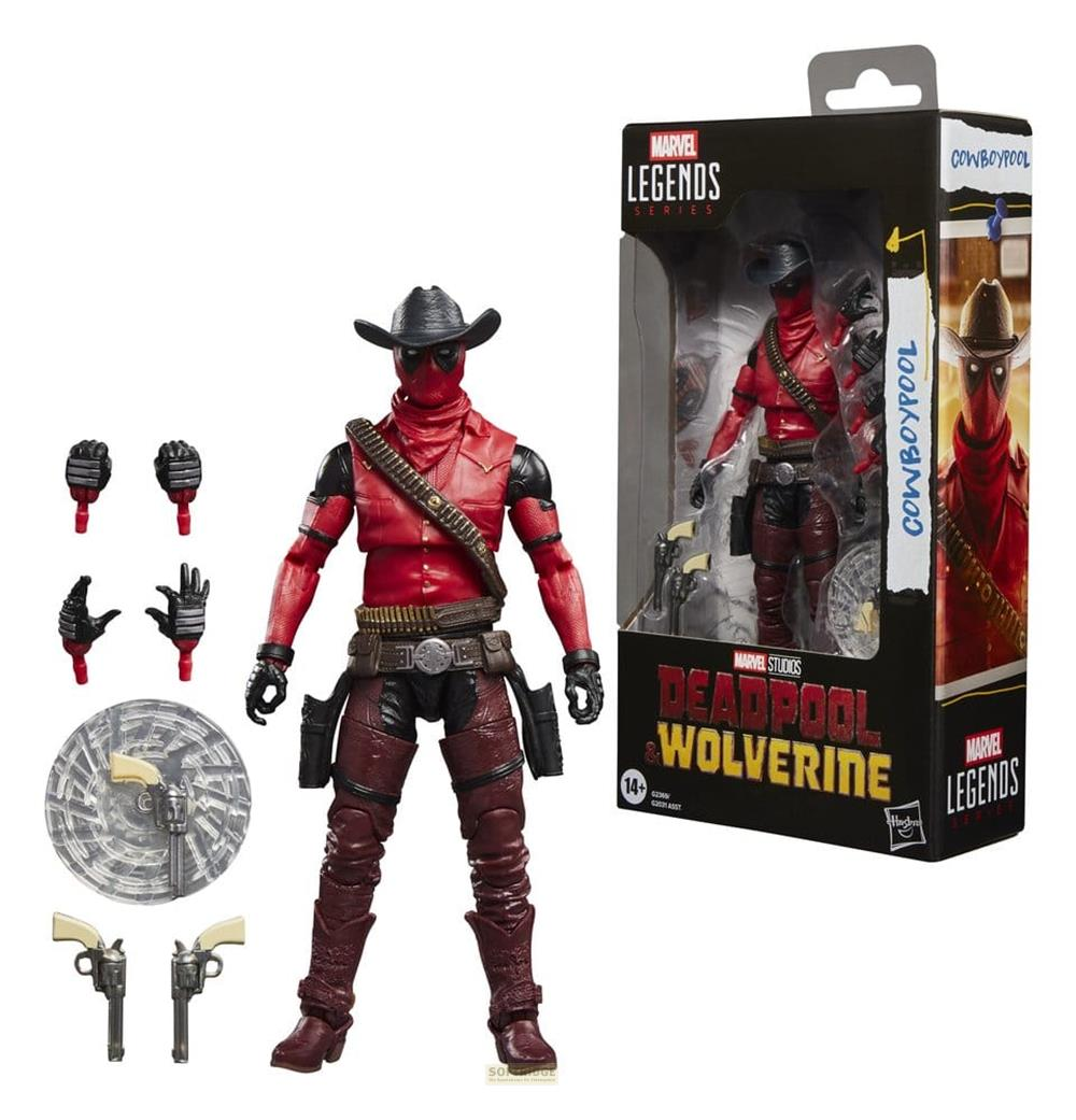 Deadpool-Actionfigur im Cowboy-Look mit Zubehörteilen und Verpackung.