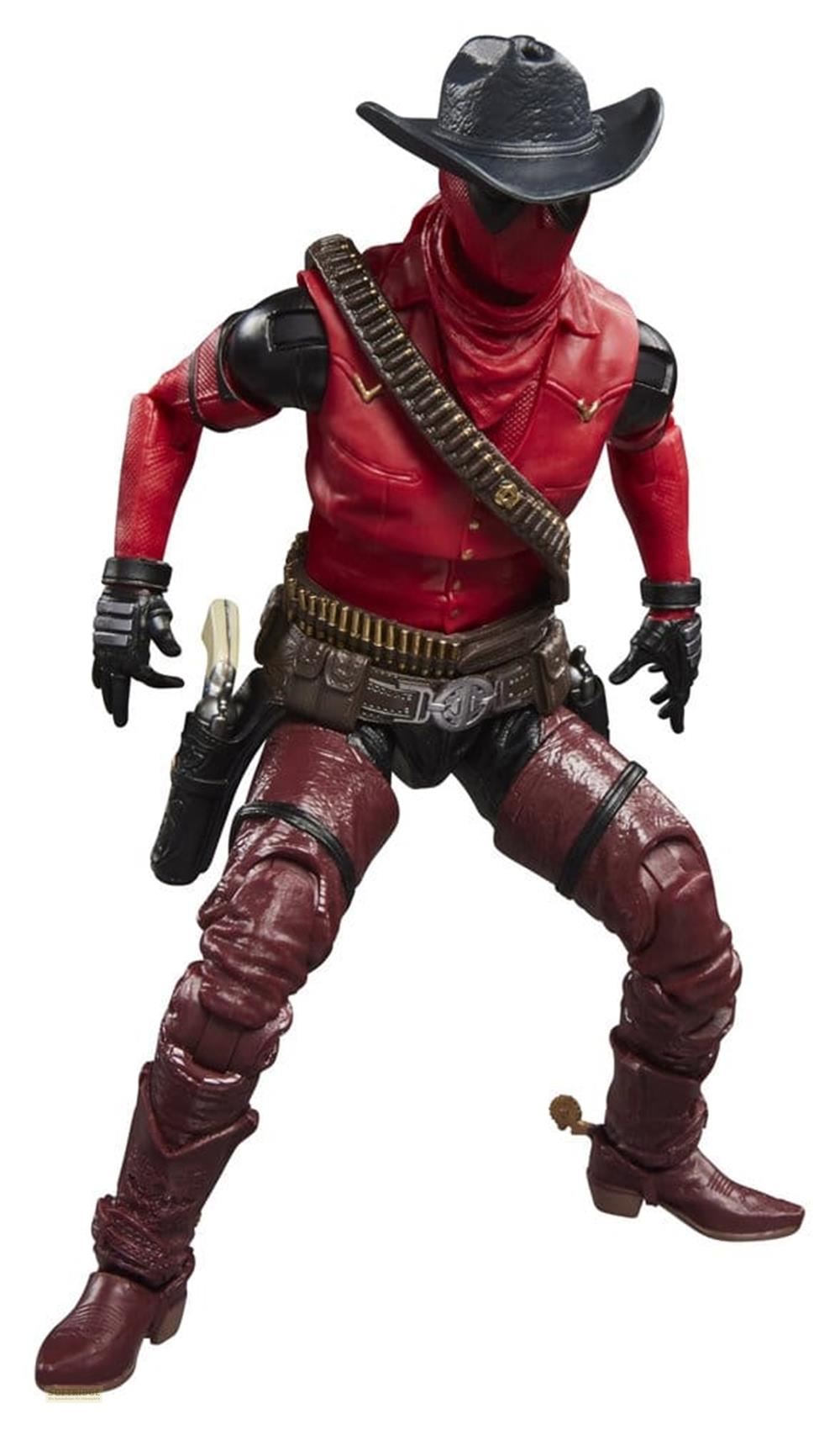Eine Actionfigur im Western-Stil mit roter Weste, schwarzem Hut und Patronengurt.