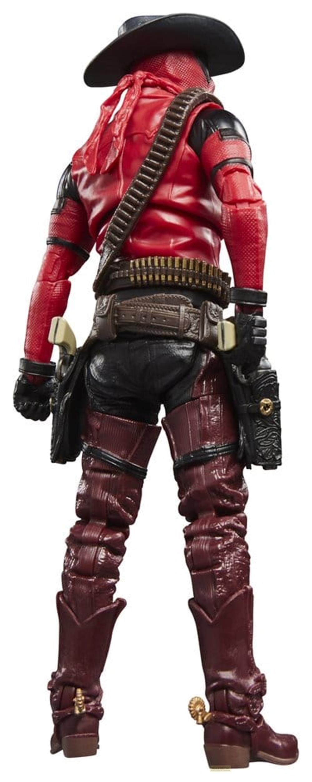 Eine Actionfigur im Westernstil mit roter Jacke, schwarzer Hose, Hut und Patronengurt.