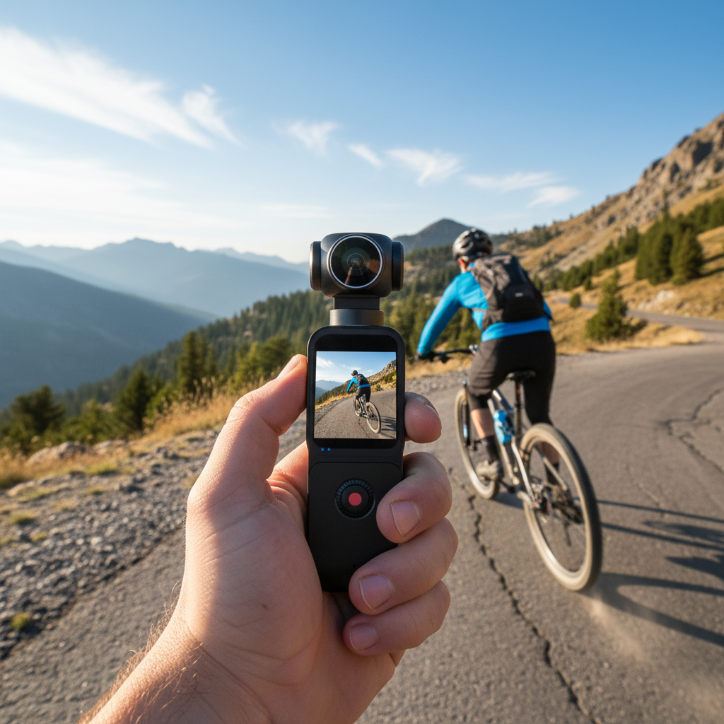 Mano sosteniendo cámara filmando ciclista de montaña en carretera.