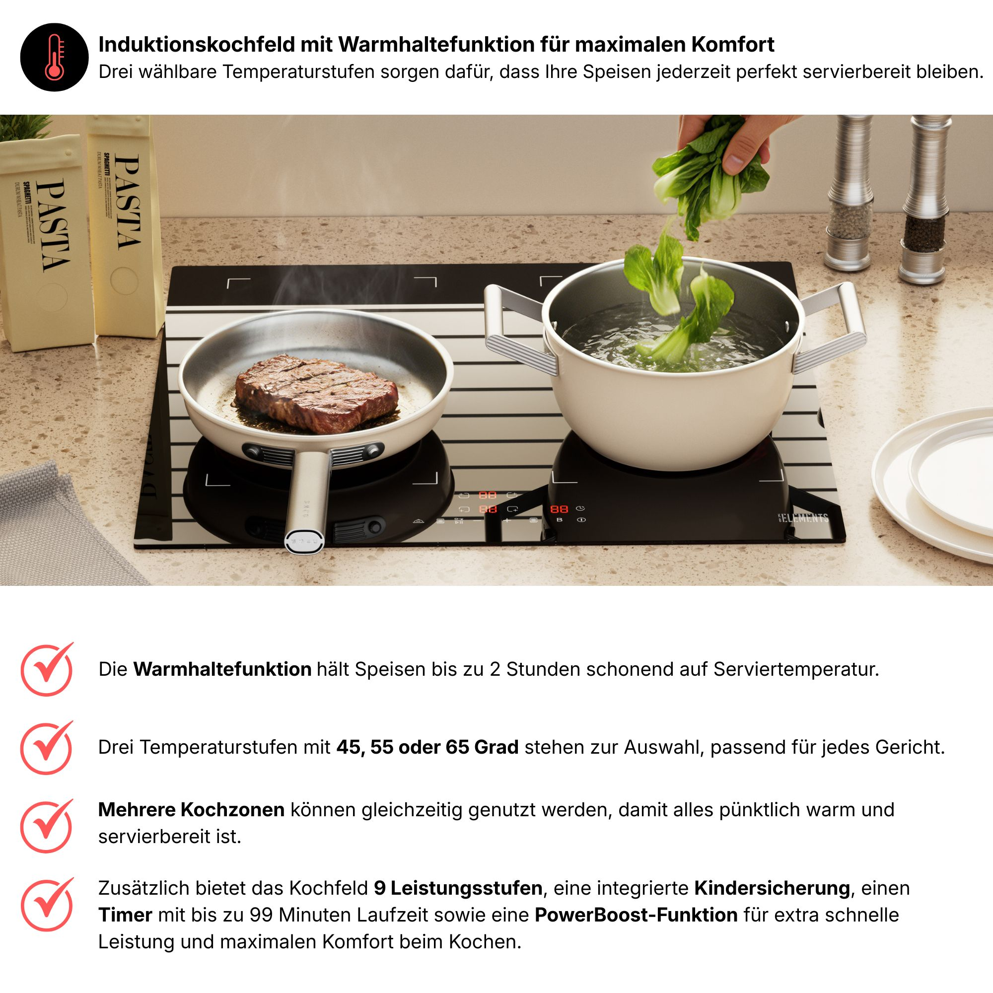 Ein Induktionskochfeld mit Steak in Pfanne und Gemüse im Topf.