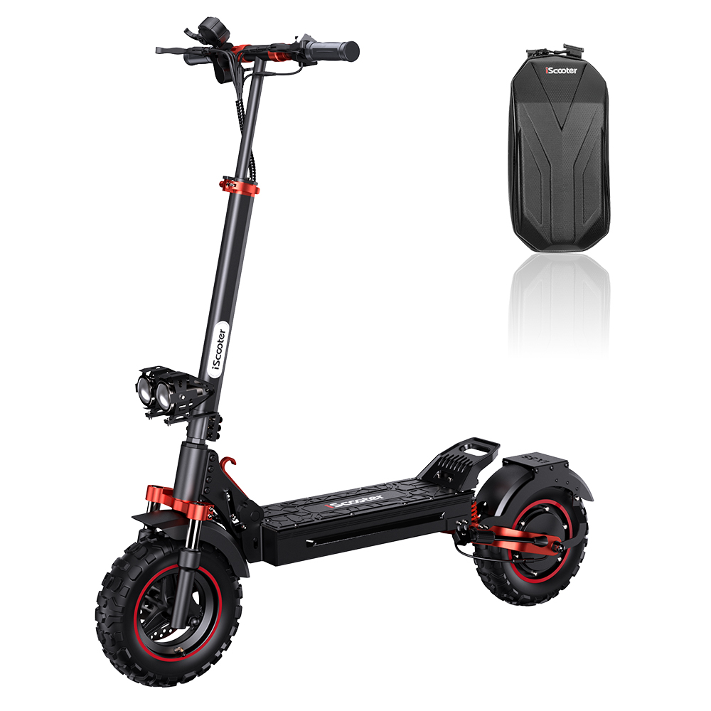 Monopattino elettrico nero con doppio faro e borsa portaoggetti nera.