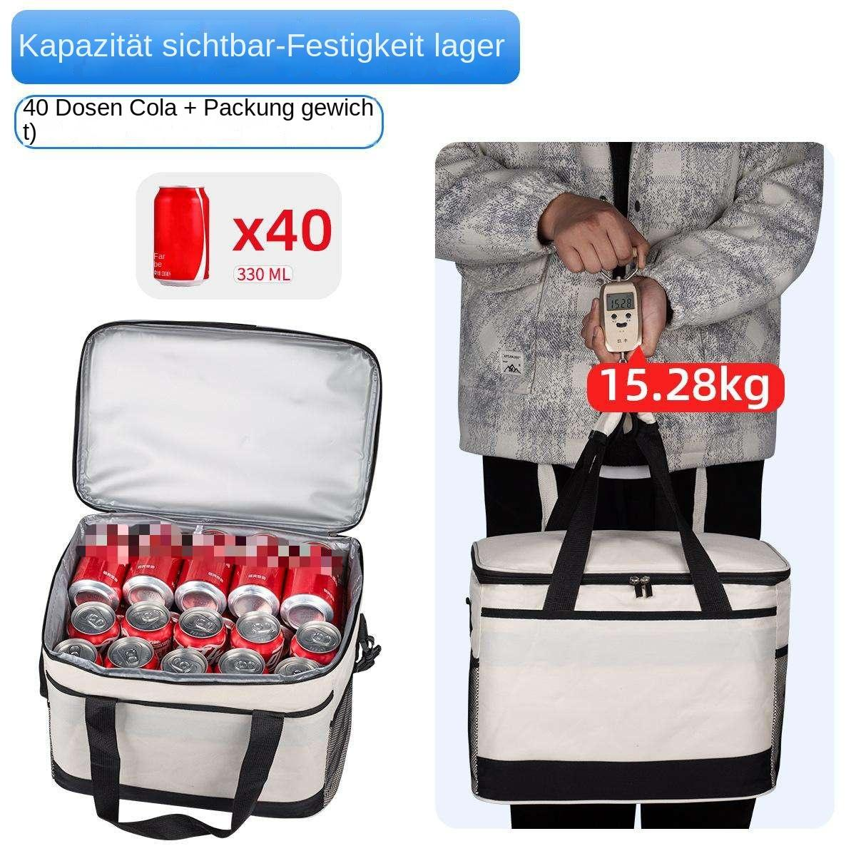 Eine Kühltasche mit 40 Cola-Dosen wird gewogen und zeigt 15,28 kg an.