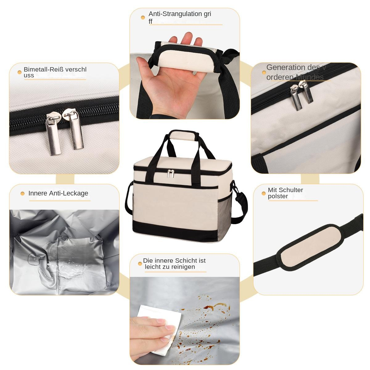 Eine beige Kühltasche mit schwarzen Akzenten, Reißverschlüssen, Griffen und einem Schultergurt.