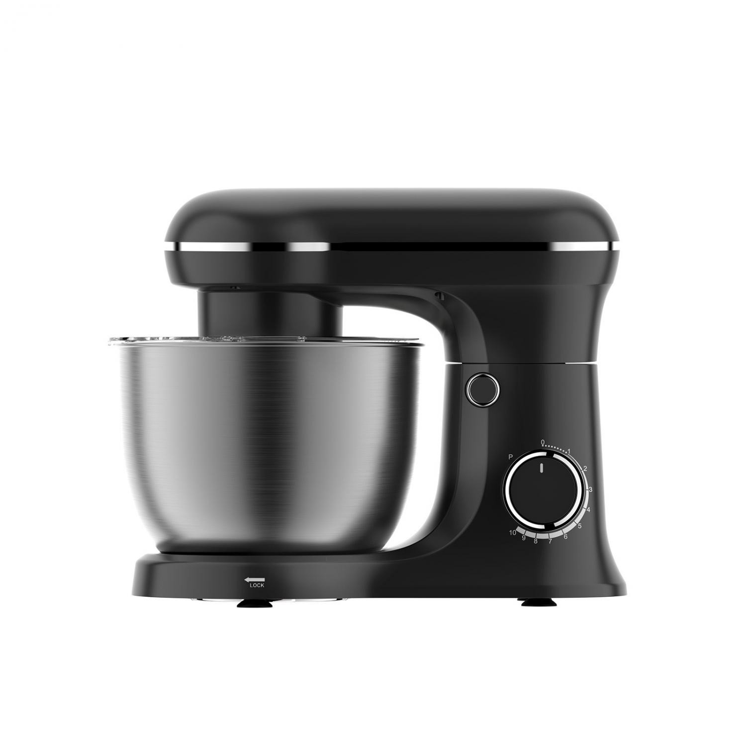 Ein schwarzer Küchenmixer mit Edelstahlschüssel und Geschwindigkeitseinstellungen.