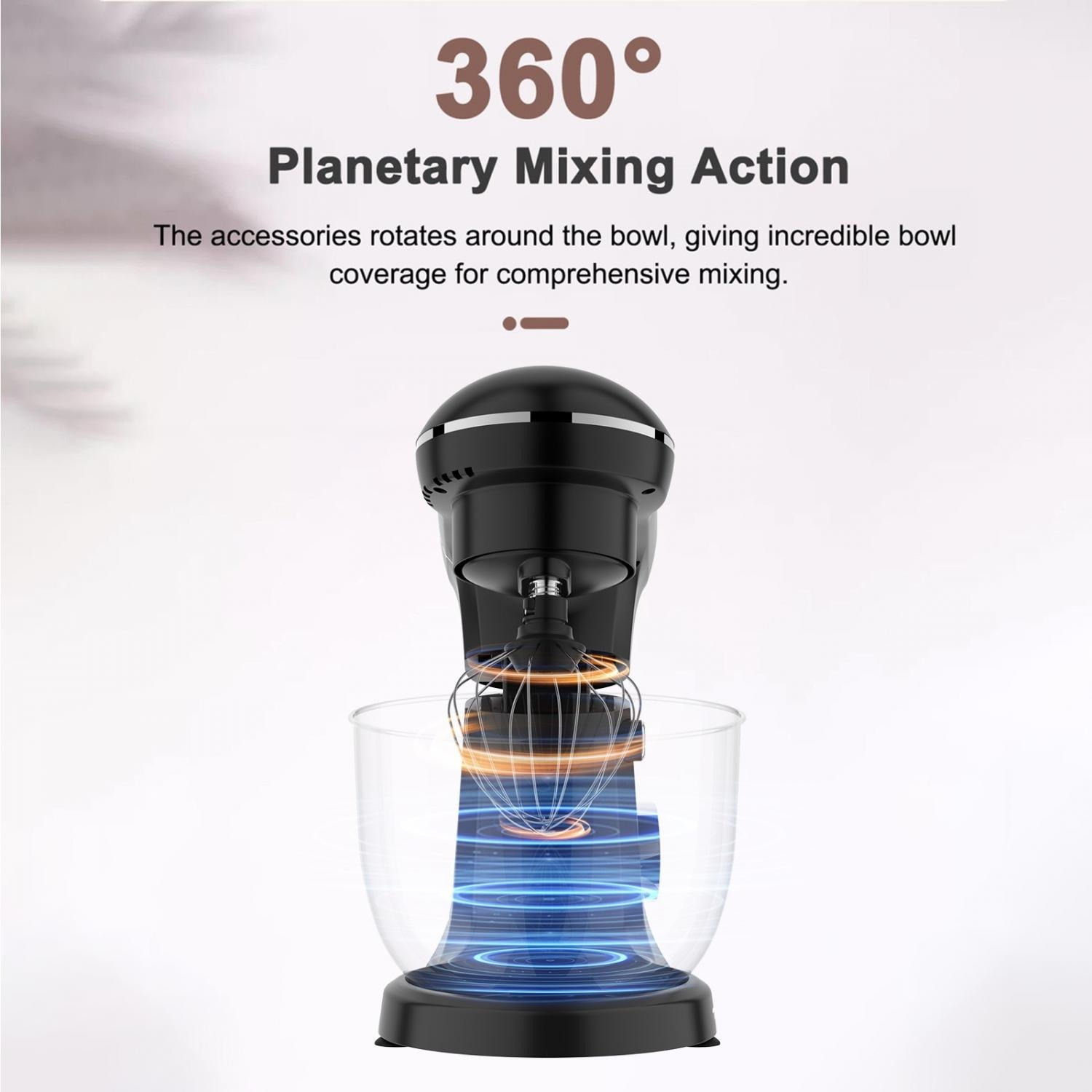 Schwarzer Standmixer mit Rührschüssel und 360°-Planetenrührwerk.