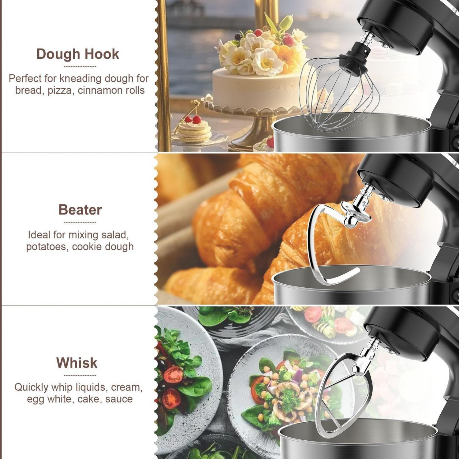 Küchenmaschine mit drei Aufsätzen: Knethaken, Schneebesen und Rührbesen.