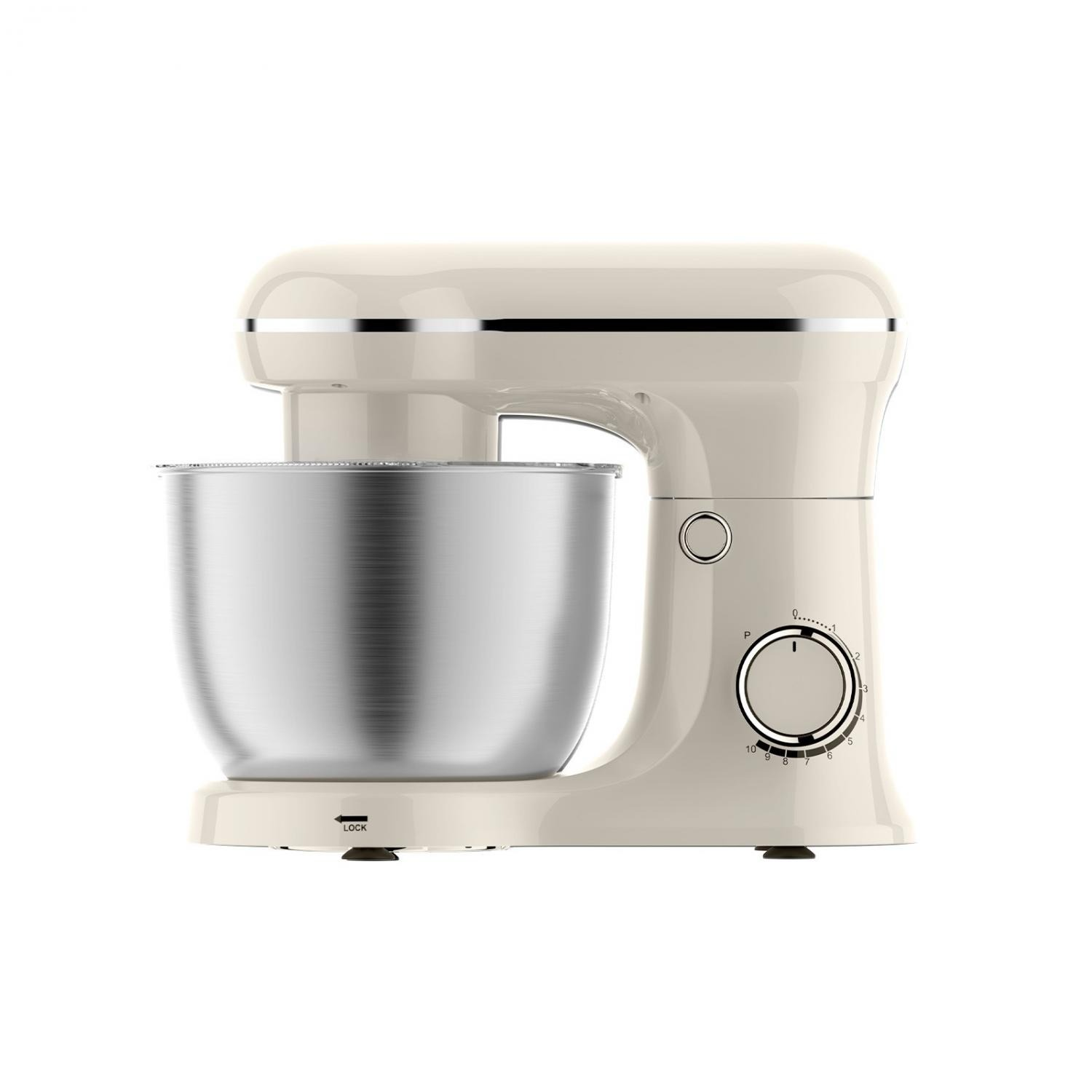 Eine cremefarbene Küchenmaschine mit Edelstahlschüssel und Geschwindigkeitsregler.