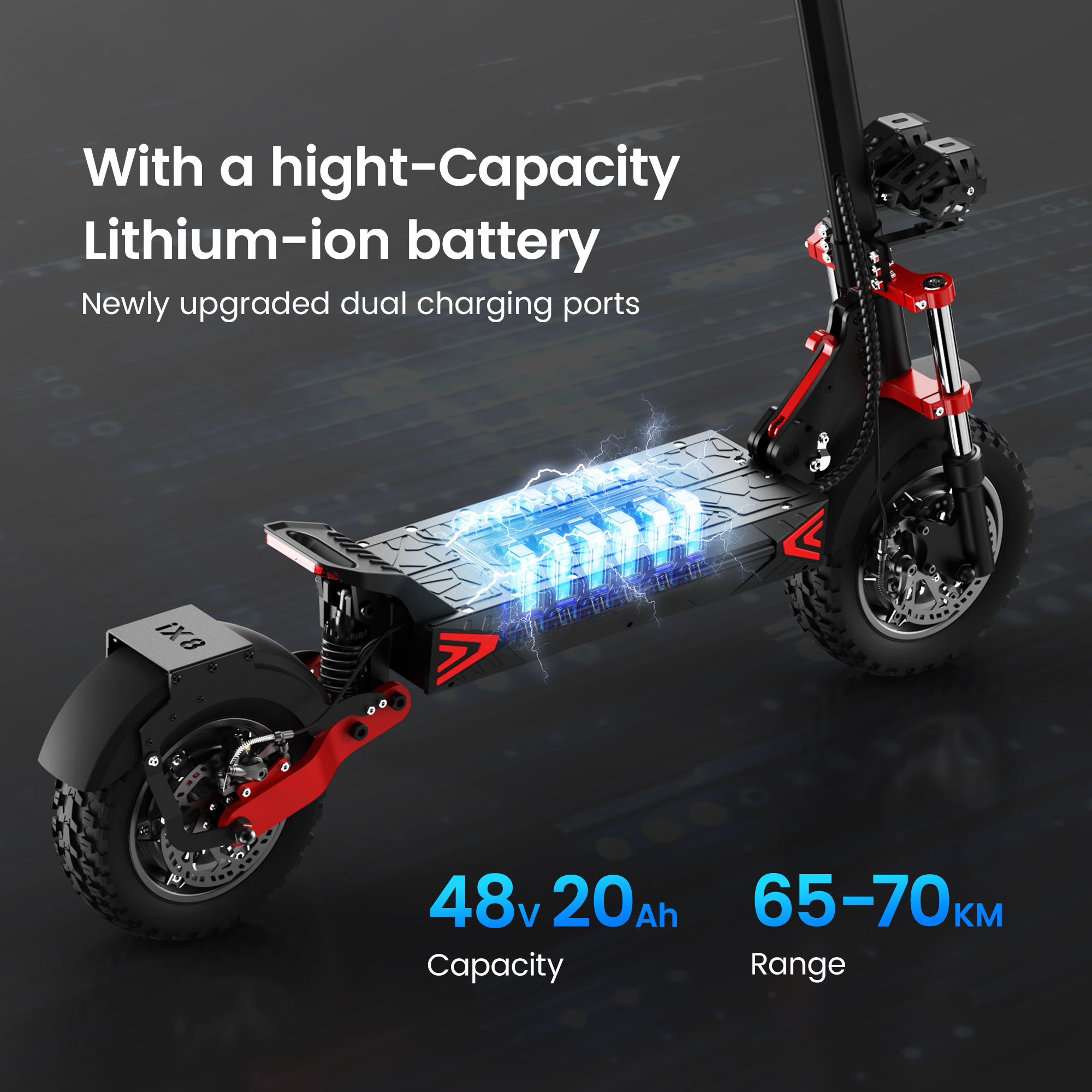 Monopattino elettrico nero con batteria luminosa, capacità 48V 20Ah, autonomia 65-70 km.
