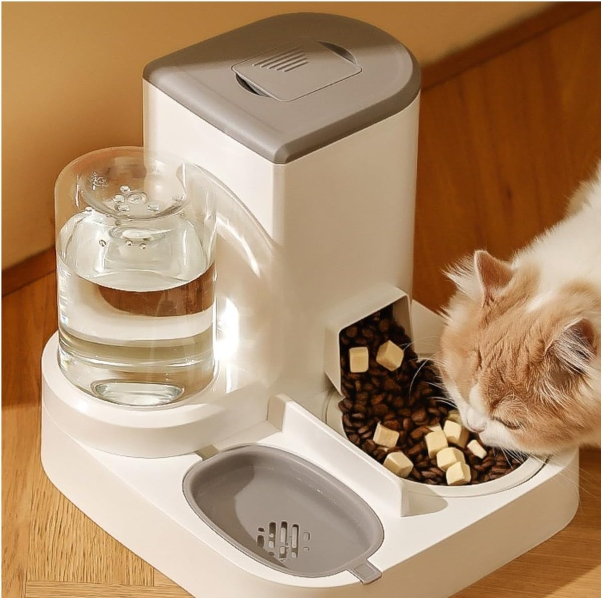 Eine Katze frisst aus einem weißen Futterspender mit Wasserbehälter.