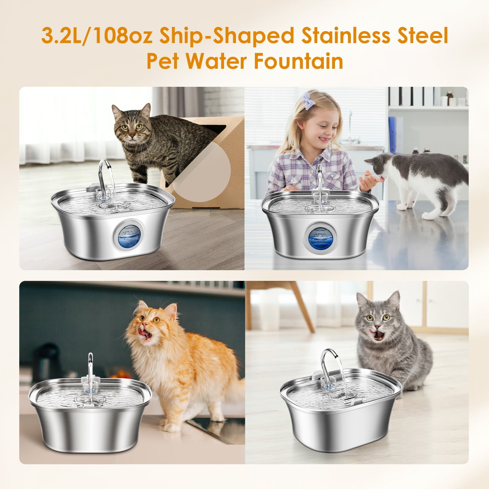 Katzen trinken aus einem silbernen Wasserspender mit fließendem Wasser.