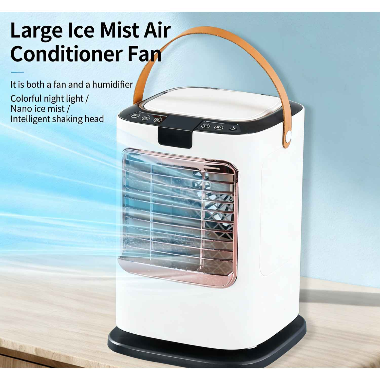 Ein weißer Luftkühler-Ventilator mit Ledergriff, der Nebel ausstößt.