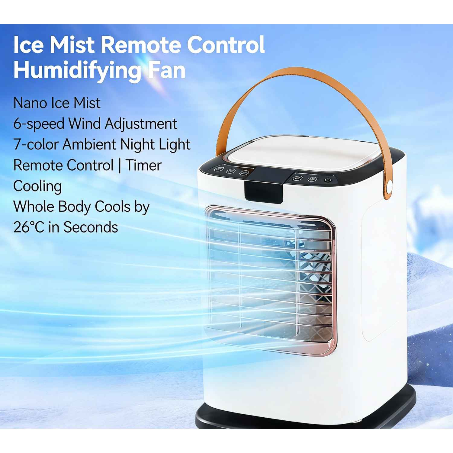 Ein weißer Lüfter mit Eisnebel- und Kühlfunktion, mit Steuerungstasten und Tragegriff.