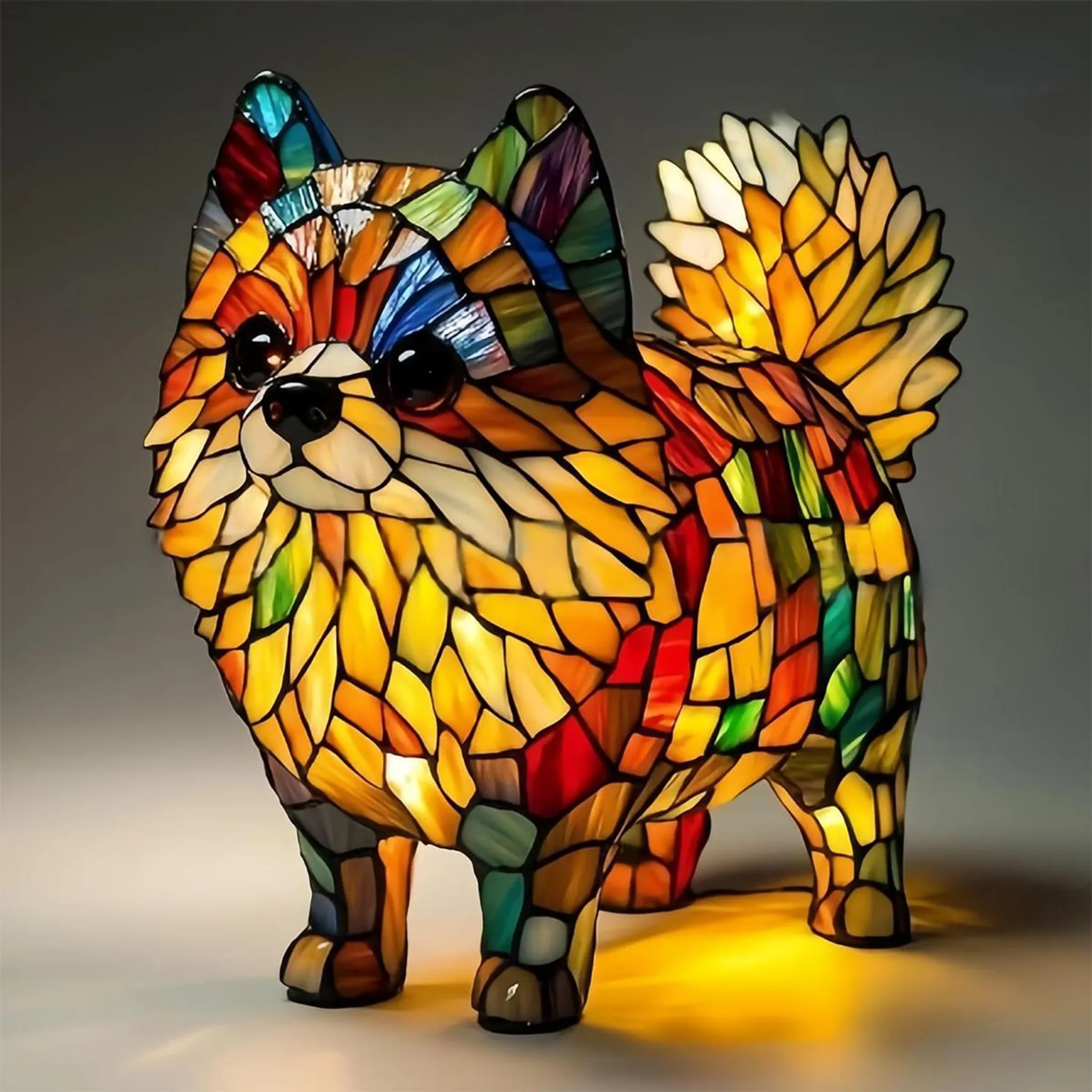 Ein bunter Tiffany-Glas Hund auf einem grauen Hintergrund.