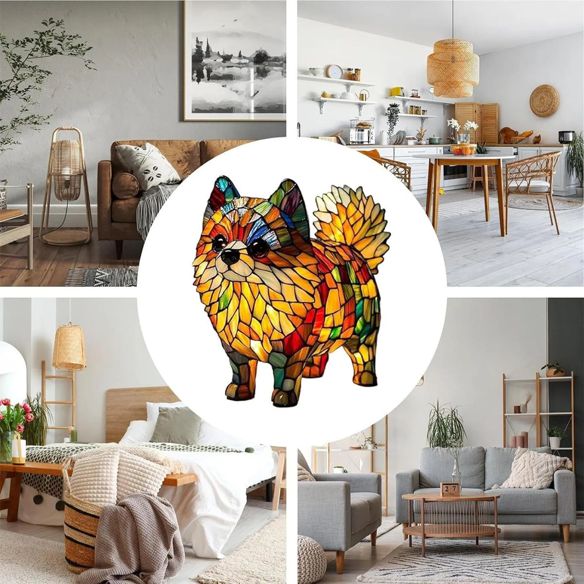 Buntglas-Pomeranian im Zentrum, umgeben von Wohnzimmern und einer Küche.