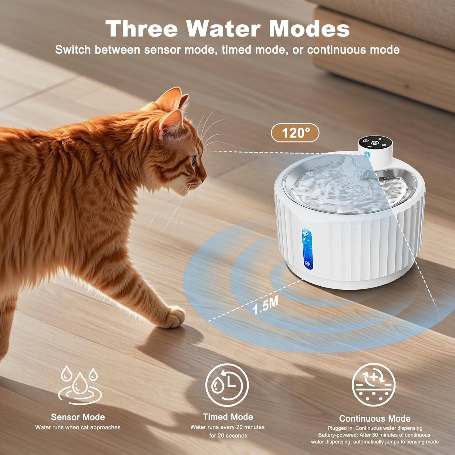 Eine Katze nähert sich einem weißen Trinkbrunnen mit drei Wassermodi.
