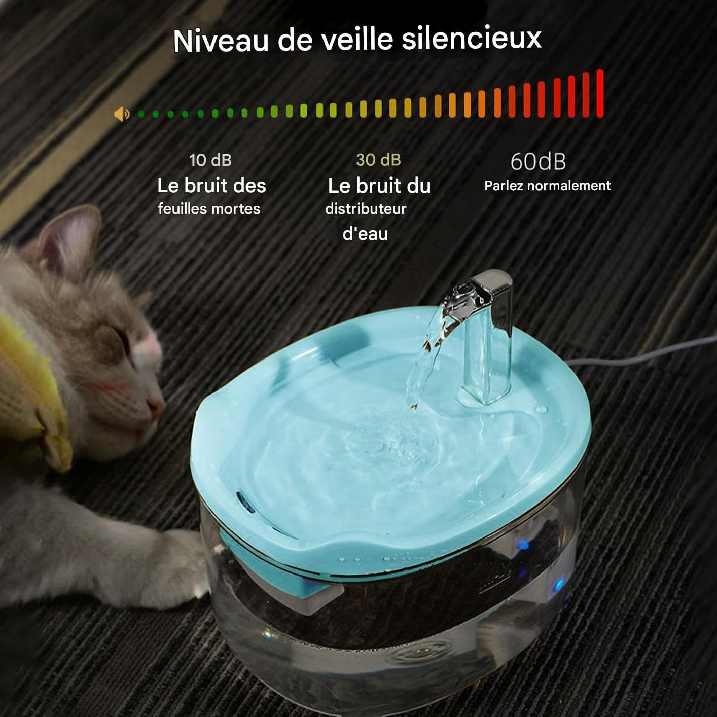 Eine Katze schläft neben einem hellblauen Trinkbrunnen mit laufendem Wasser.