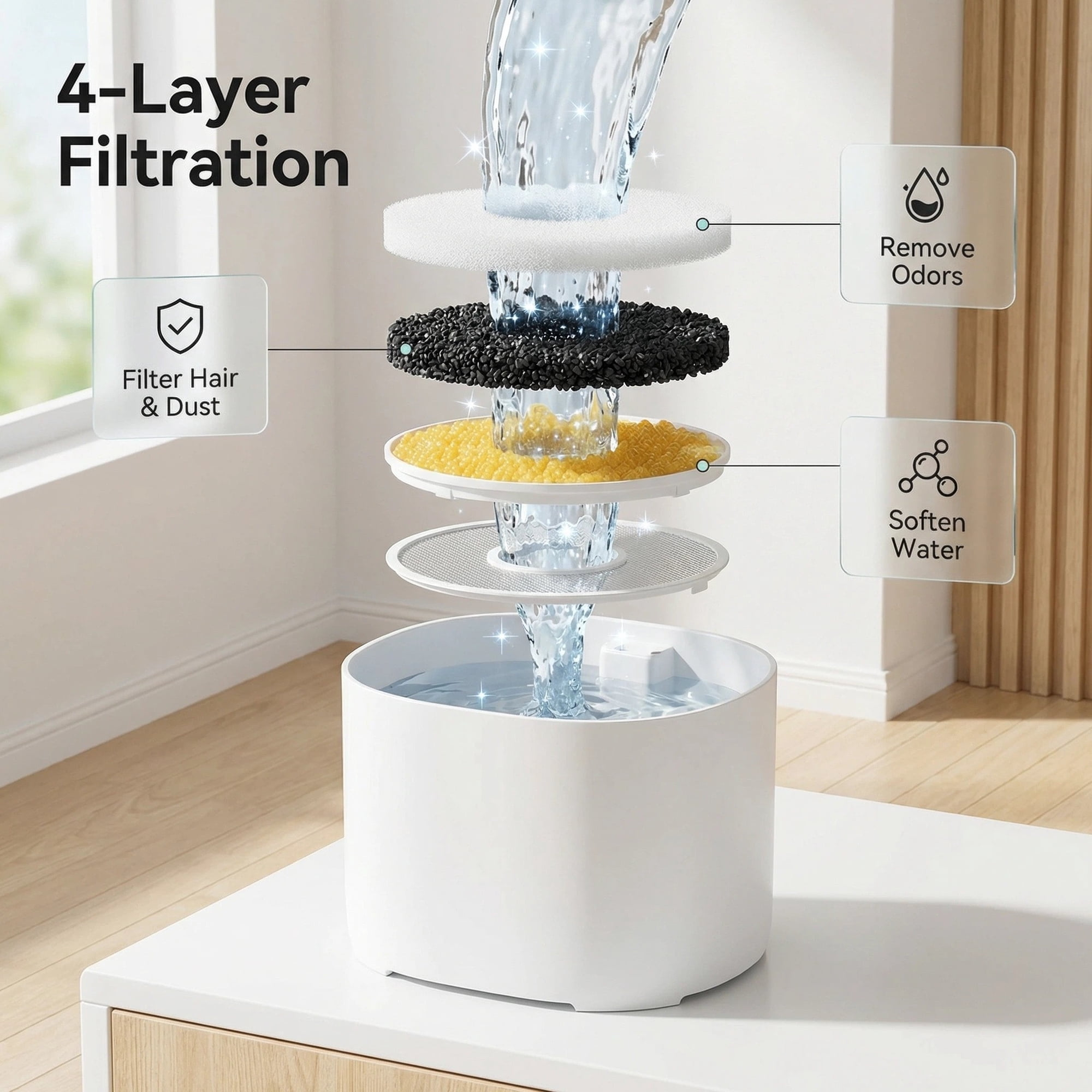 Diagramm zeigt einen 4-stufigen Wasserfilter mit fließendem Wasser. Filter entfernen Gerüche, Haare, Staub und machen Wasser weicher.