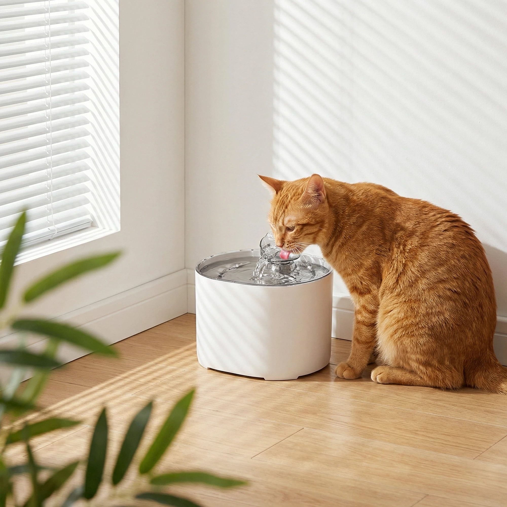 Eine orangefarbene Katze trinkt aus einem weißen Trinkbrunnen. Sonnenlicht fällt durch Jalousien.