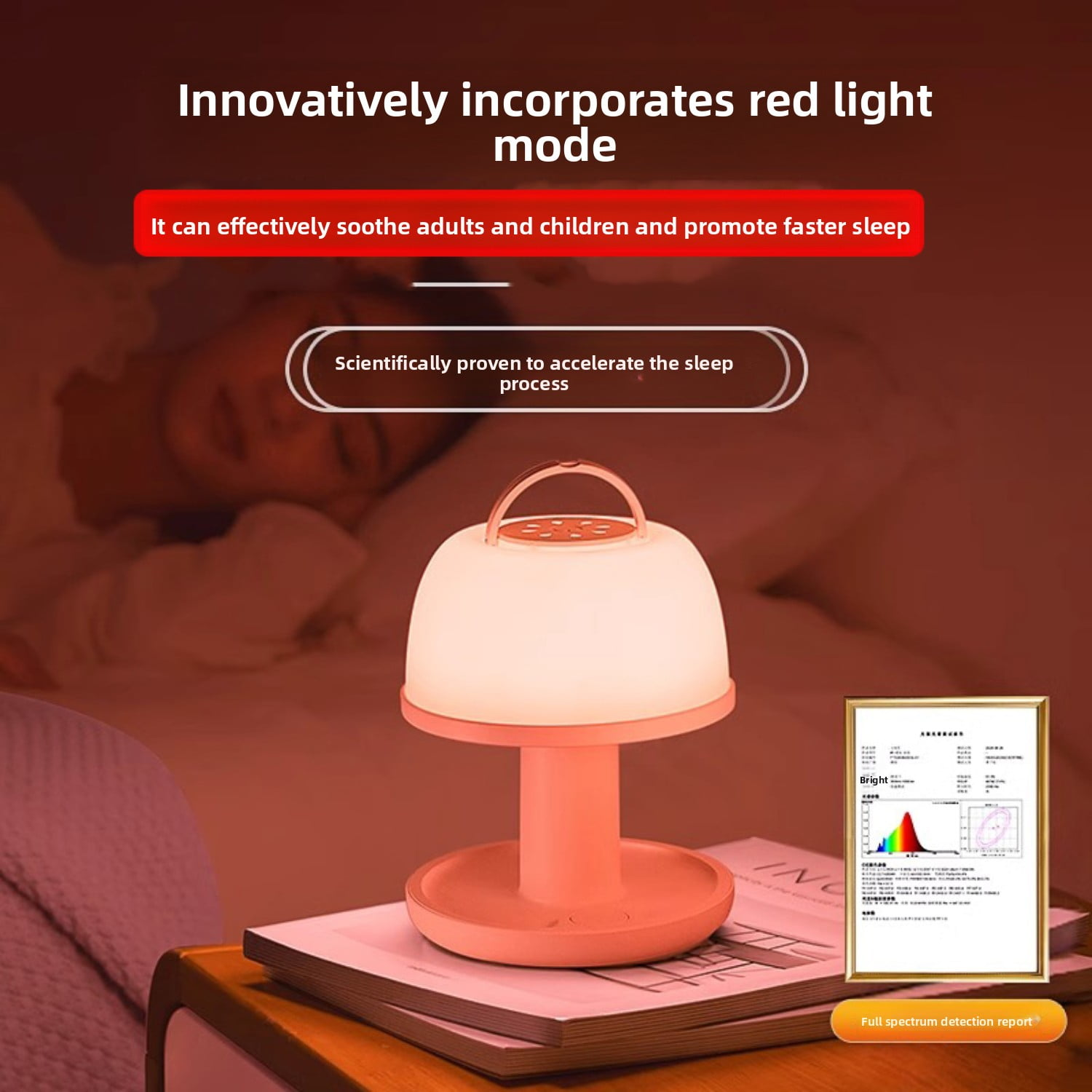 Eine Nachttischlampe mit rotem Lichtmodus, die auf Büchern neben einem Bett steht.