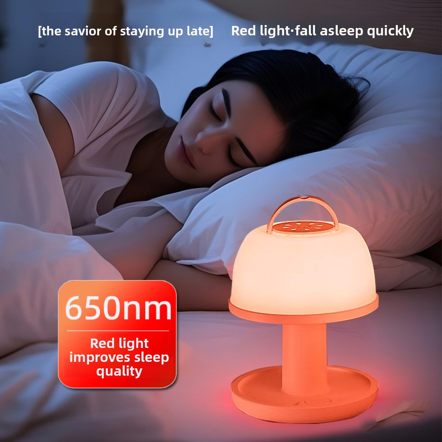 Eine Frau schläft im Bett, beleuchtet von einer roten Nachttischlampe.