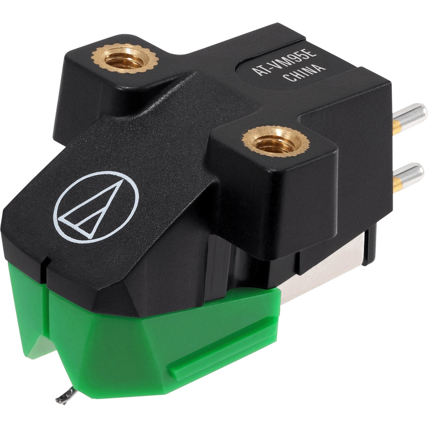 Eine schwarze Audio-Technica AT-VM95E Tonabnehmerkassette mit grüner Stylusschutz und Goldstiften.