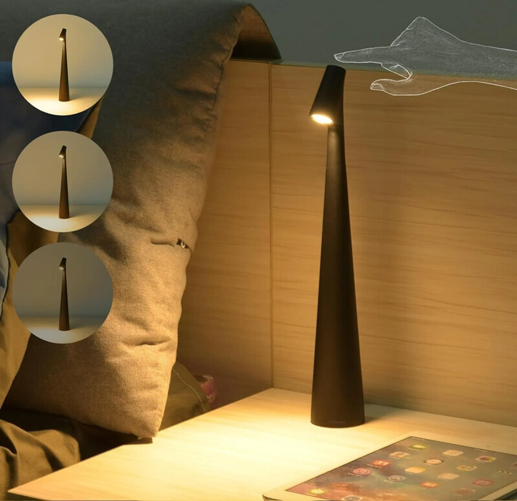 Moderne Nachttischlampe aus schwarzem Metall mit Lichteffekten.