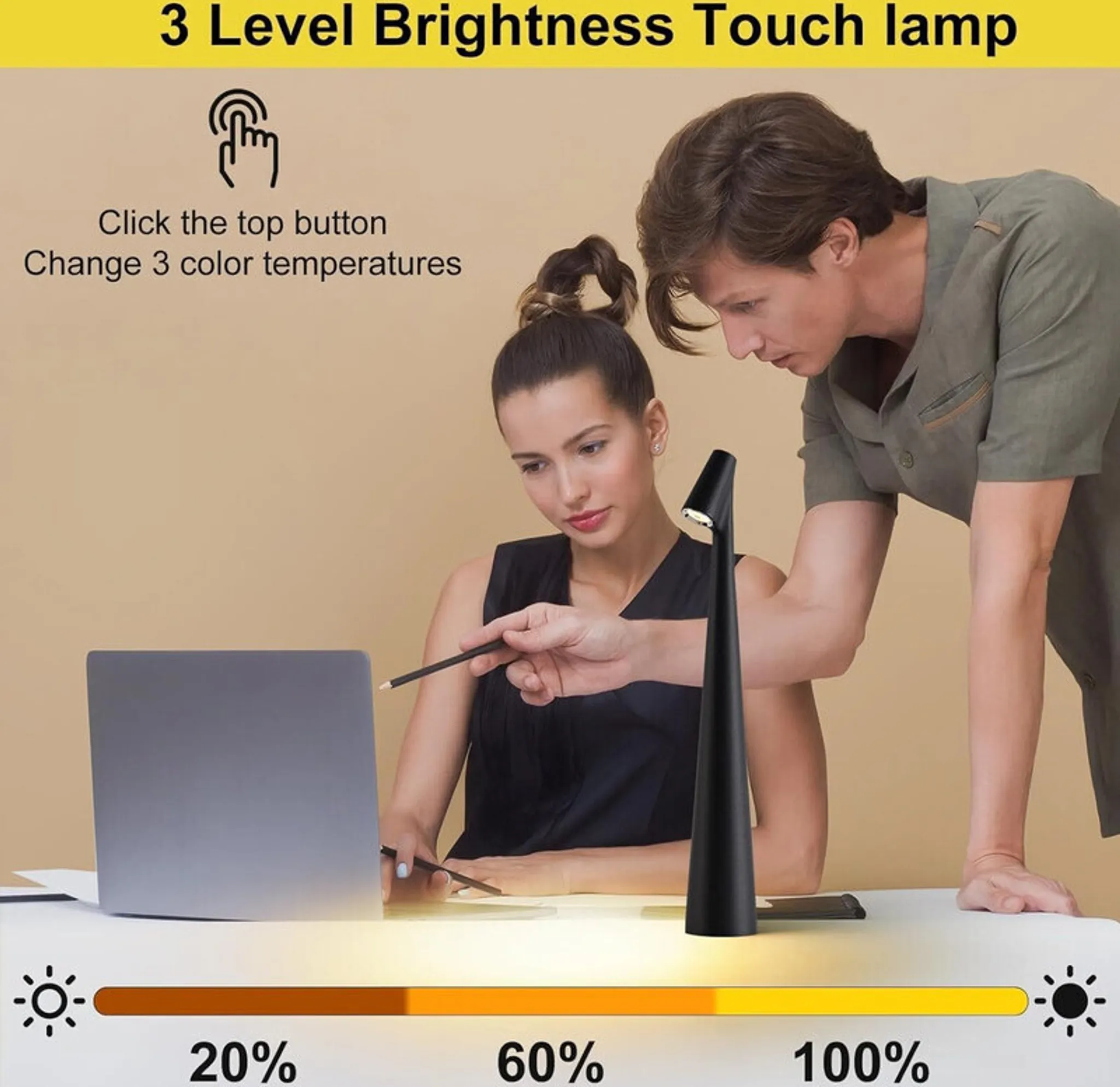 Mann und Frau am Schreibtisch mit Lampe. Helligkeitsregler unten.