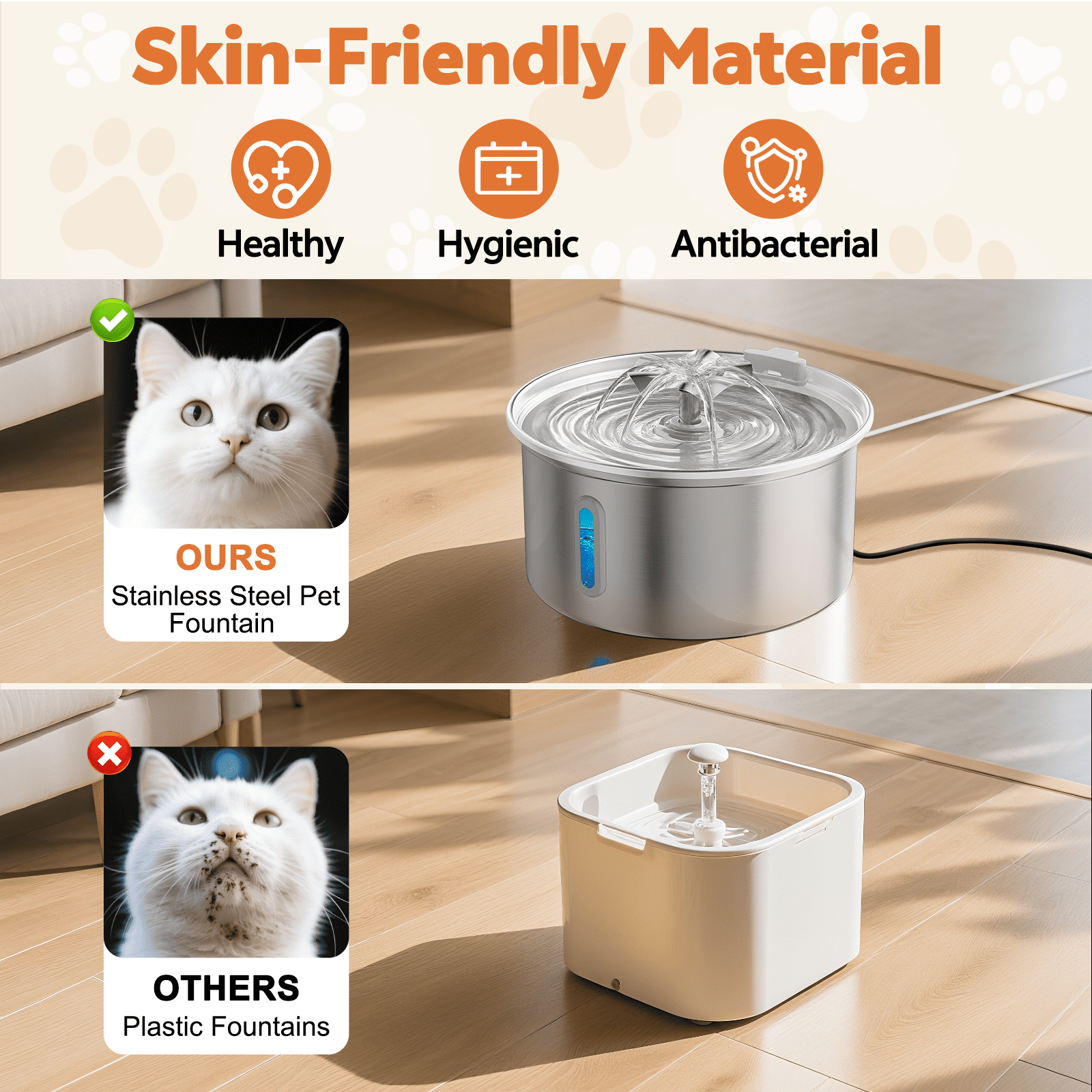 Vergleich von Edelstahl- und Plastik-Trinkbrunnen für Haustiere mit Katzenbildern.
