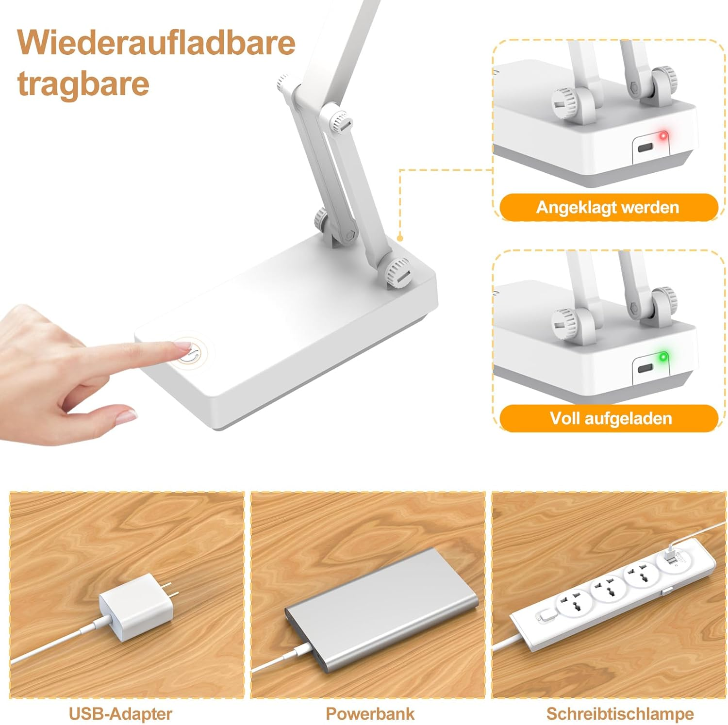 Weiße Schreibtischlampe mit verstellbarem Arm. Zeigt Ladeanzeigen und Stromzubehör.