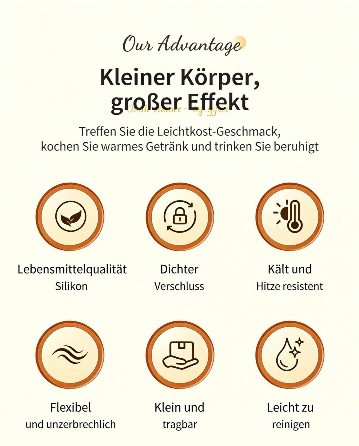 Vorteile: Lebensmittelqualität, dichter Verschluss, hitzebeständig, flexibel, tragbar, leicht zu reinigen.