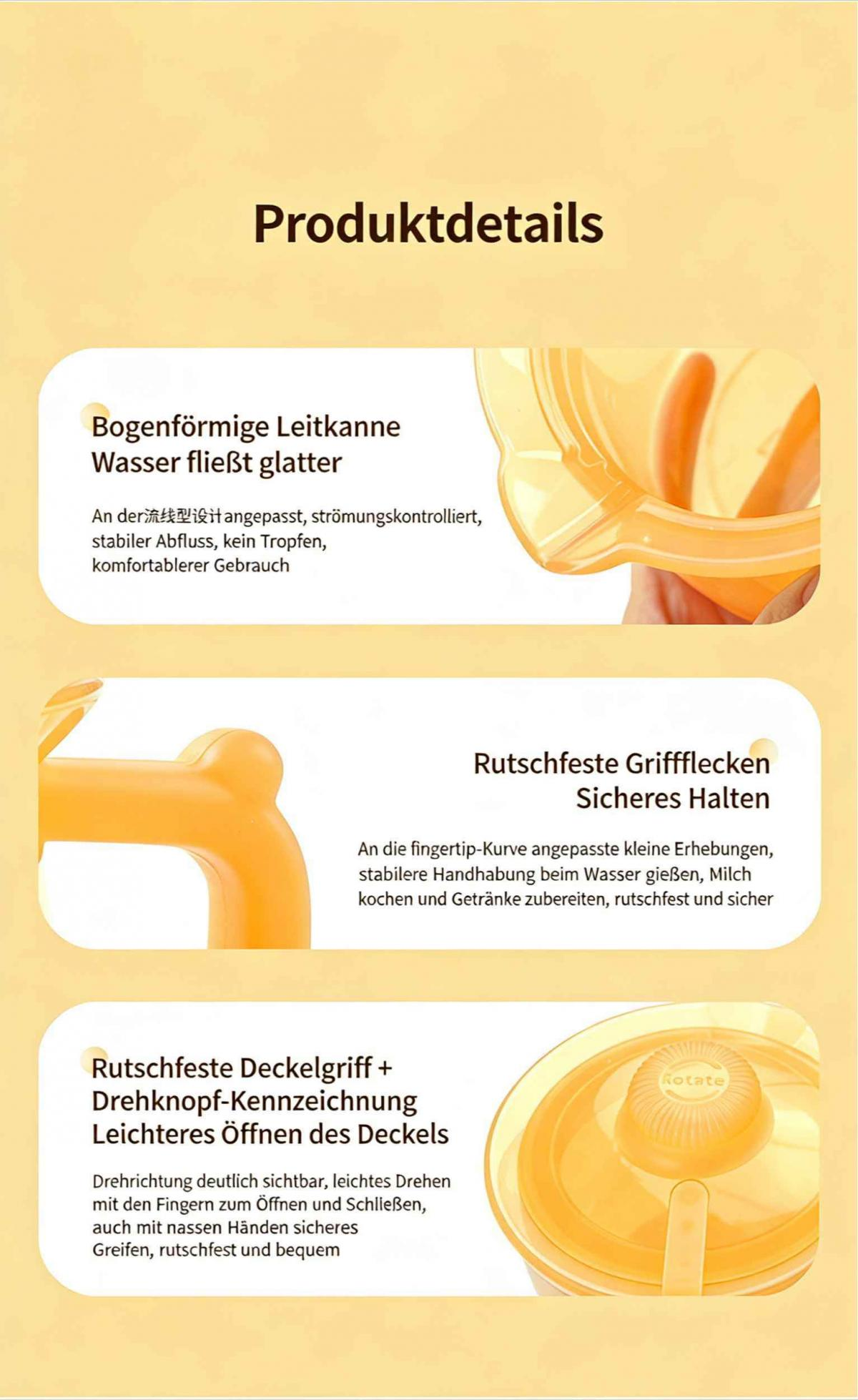 Produktdetails: Bogenförmige Leitkanne, rutschfeste Griffe, rutschfester Deckel.