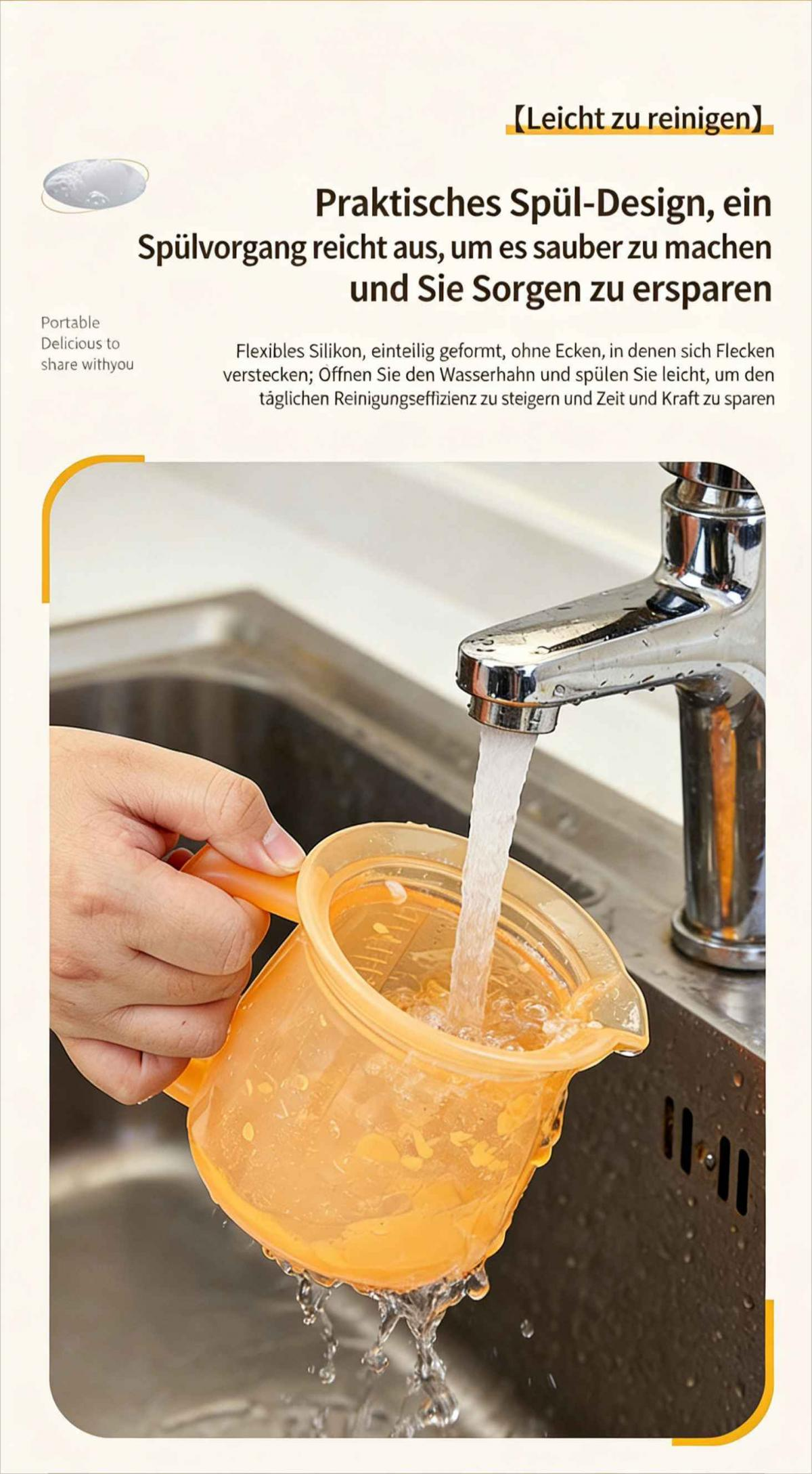 Ein orangefarbener Behälter wird unter einem Wasserhahn gespült.