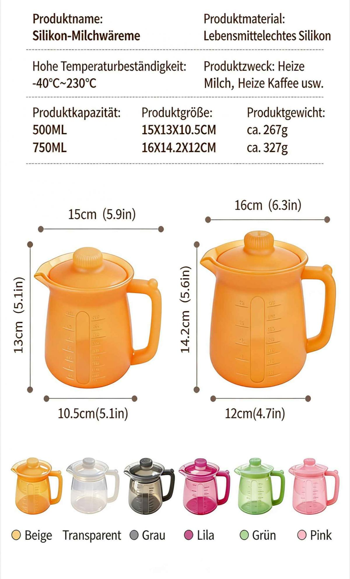 Zwei orange Messbecher, einer daneben kleiner, mit Skalen. Unten verschiedene Farben.