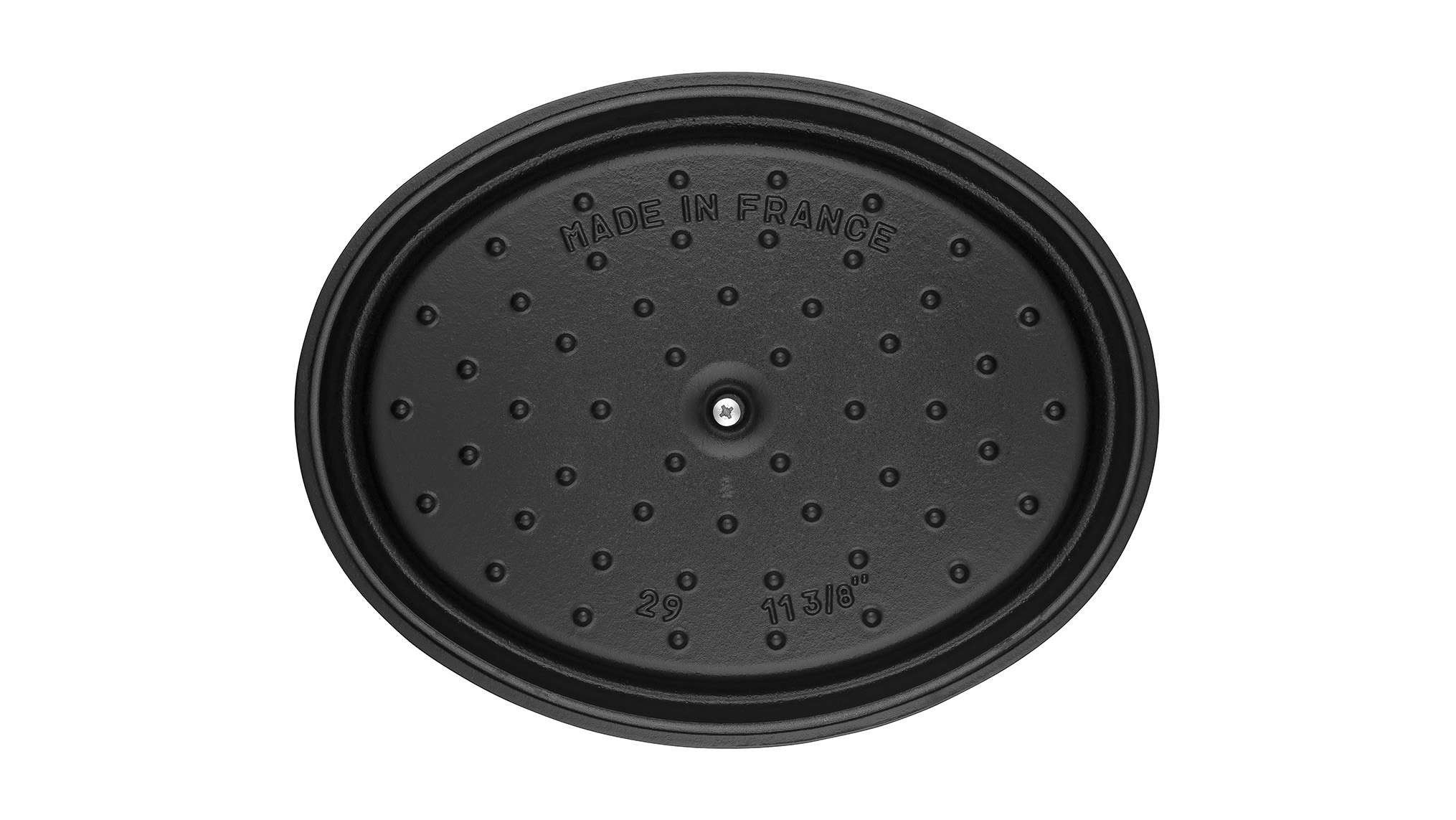 Schwarzer Deckel mit Noppen, auf der Innenseite steht Made in France, 29 und 11 3/8
