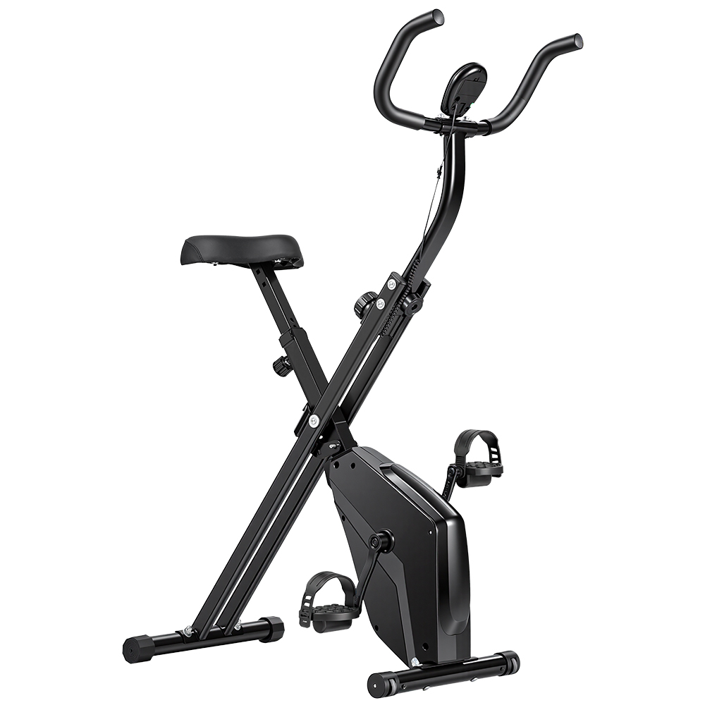 Ein schwarzes, zusammenklappbares Heimtrainerfahrrad mit Sitz, Lenker und Pedalen.