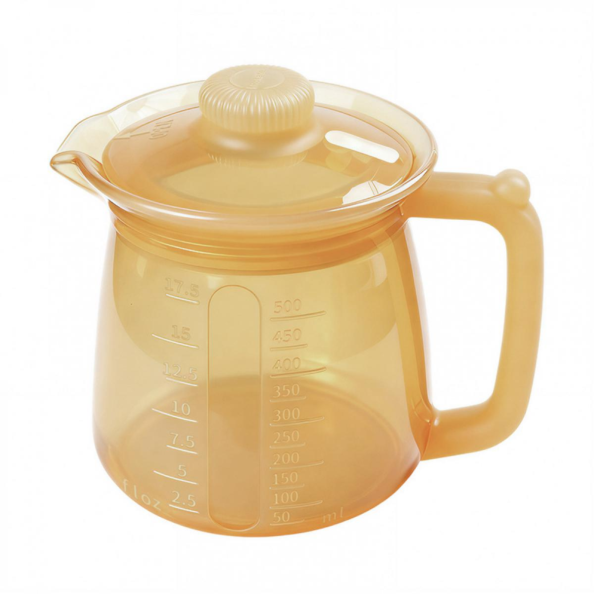Ein durchsichtiger, oranger Messbecher mit Griff und Deckel, mit Markierungen in ml und fl oz.