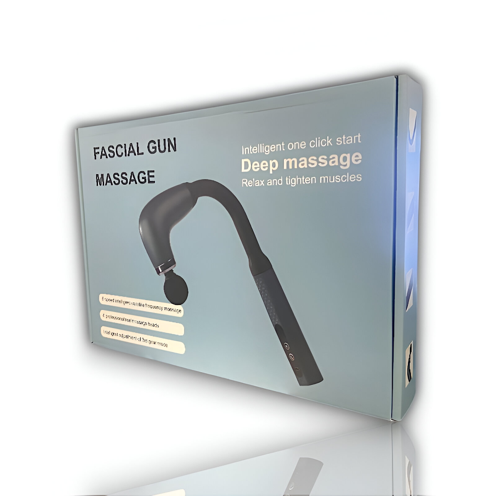 Caja de masaje Fascial Gun con texto de masaje profundo e imagen de pistola de masaje.