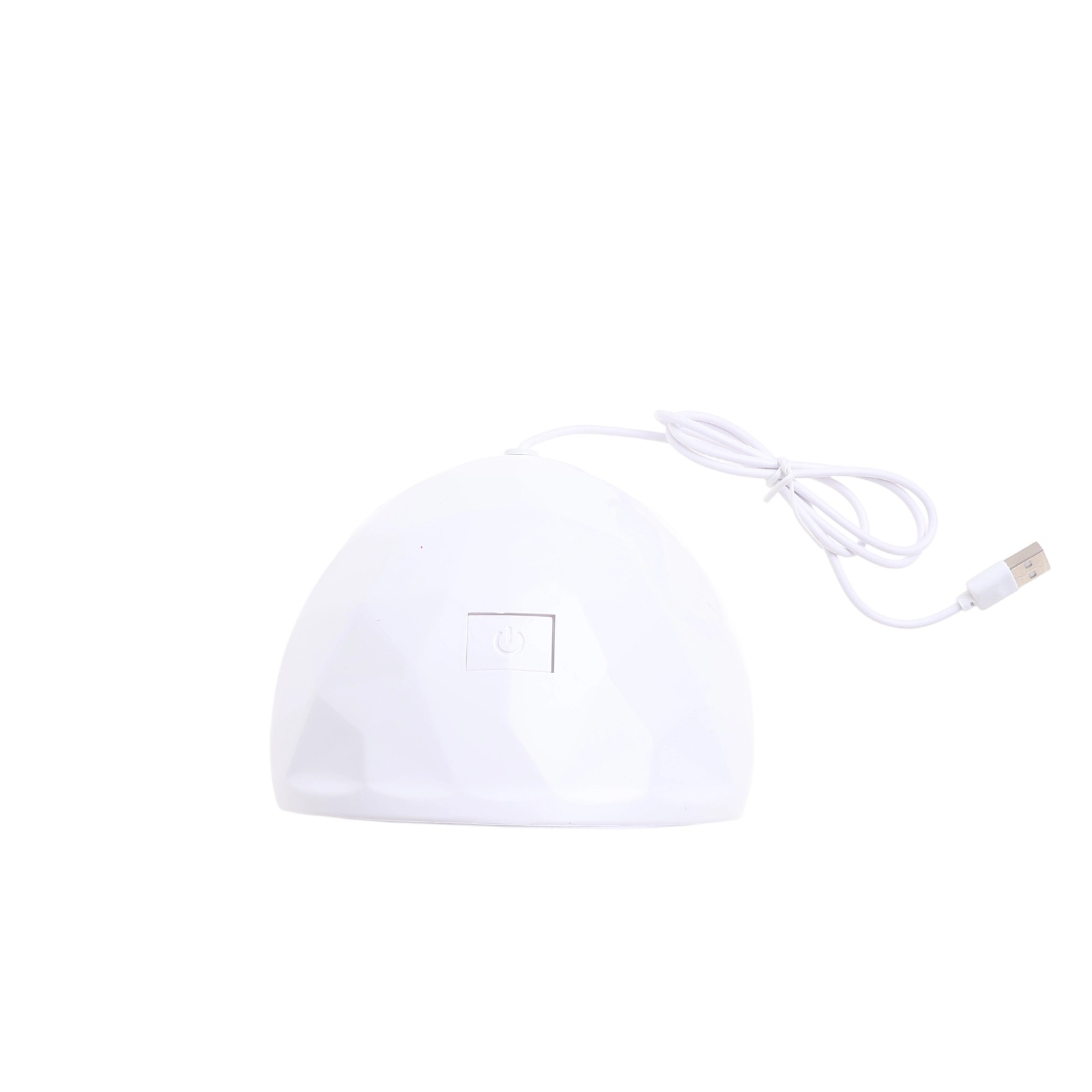 Ein weißes, kuppelförmiges UV-Nagellampengerät mit einem USB-Kabel und einem Ein-/Ausschalter.