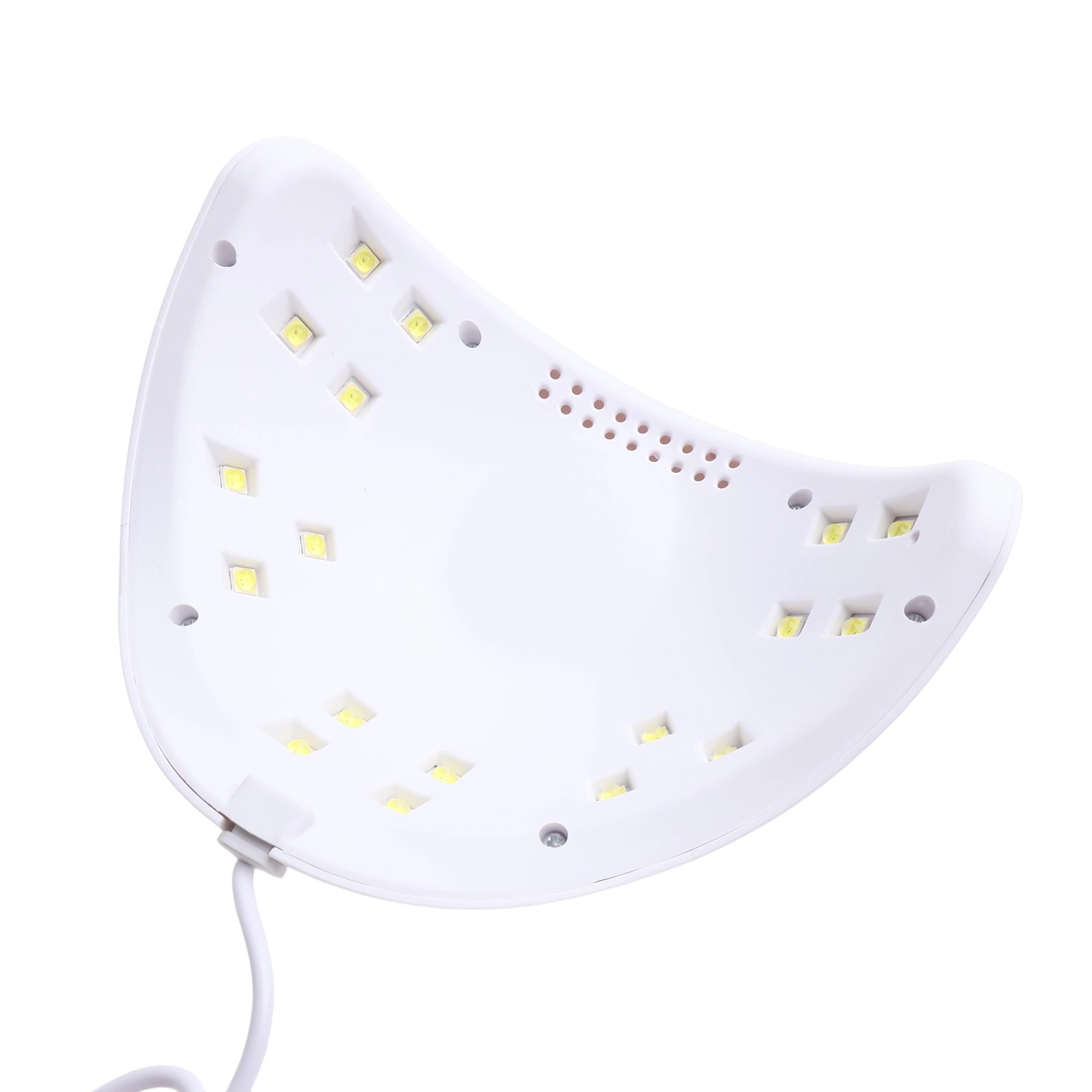 Eine weiße UV-Nagellampe mit vielen LEDs und Lüftungsschlitzen.