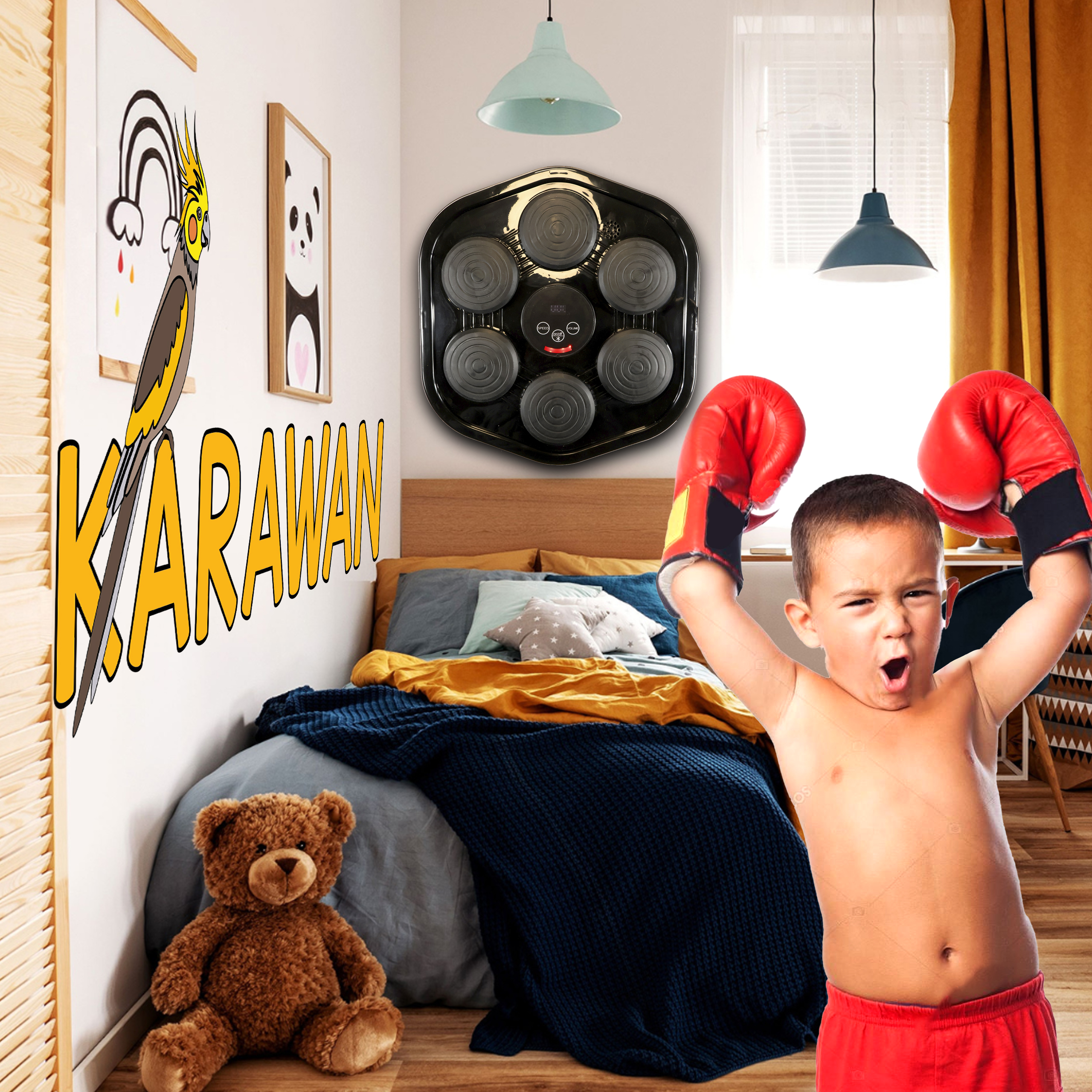 Un niño con guantes de boxeo anima frente a una cama con juguetes y decoración.