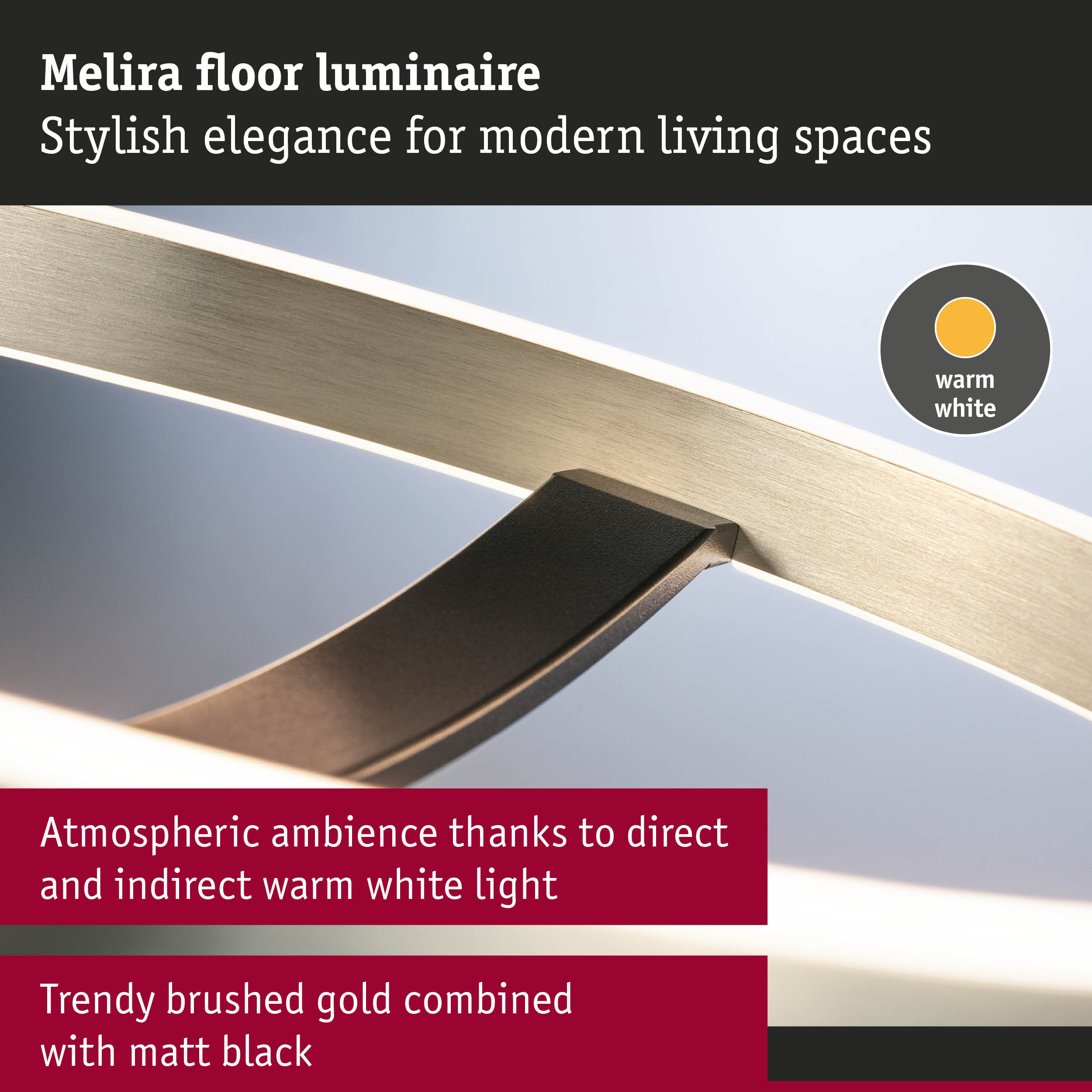 Moderne Stehleuchte Melira: gebürstetes Gold und mattschwarz.