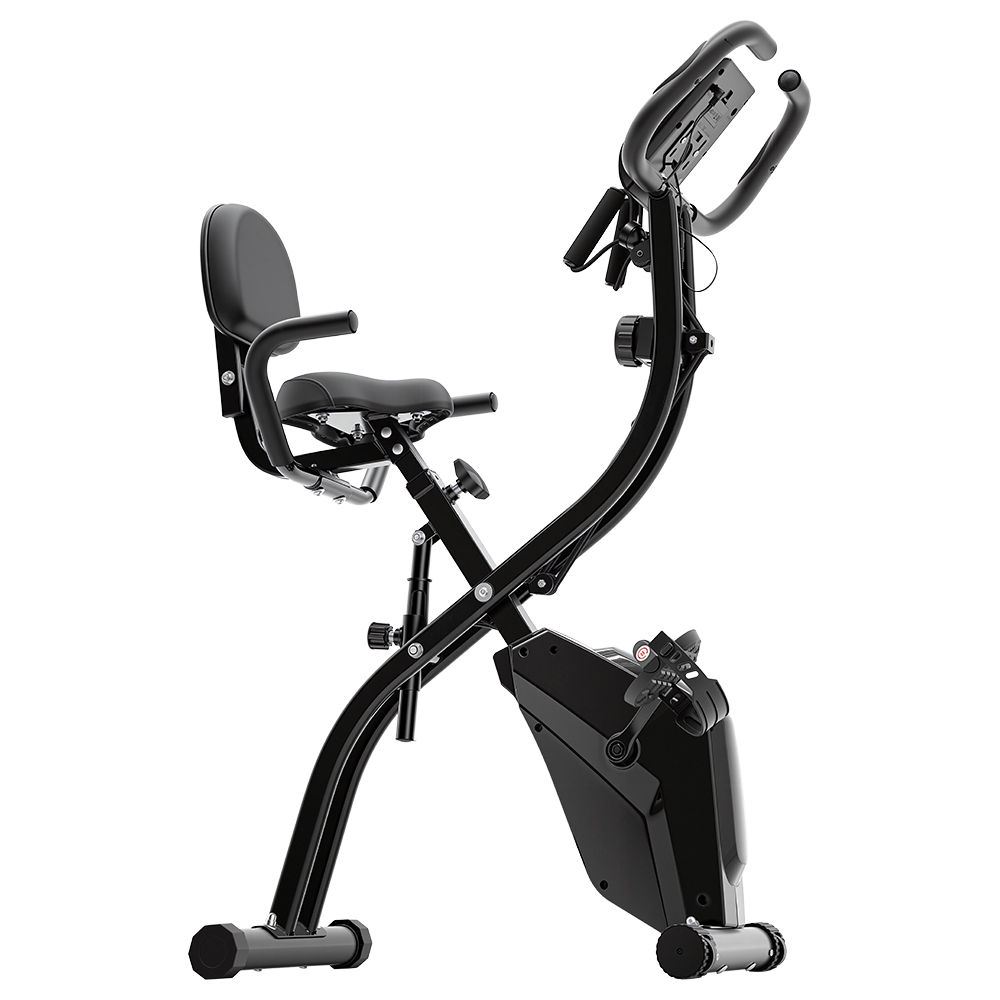 Ein schwarzes, zusammenklappbares Heimtrainerfahrrad mit Sitz und Lenker.