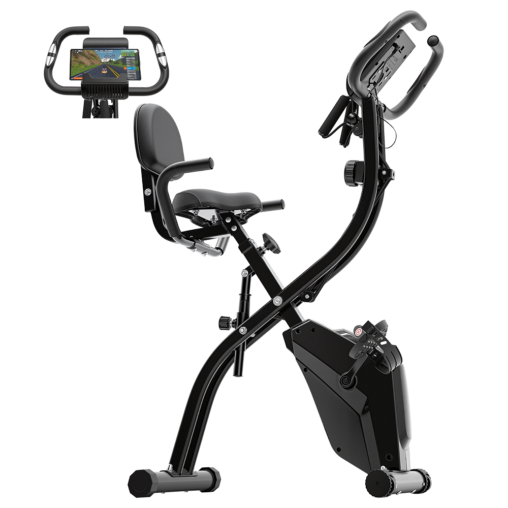 Ein schwarzes, faltbares Heimtrainer mit Kindersitz und Tablethalter ist abgebildet.