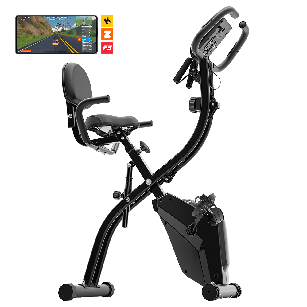 Schwarzes faltbares Ergometer mit Tablet, das ein Radspiel zeigt.