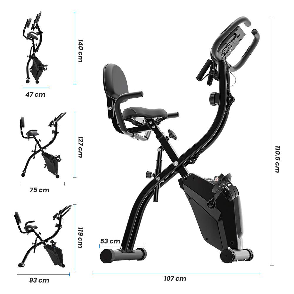 Schwarzes Klappfahrrad mit Sitz, Armlehnen und Display. Maße sind angegeben.