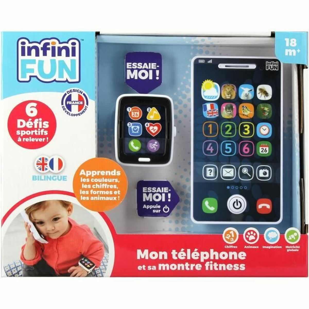 Infini Fun Spielzeug-Smartphone und Fitnessuhr mit Baby. Auf der Verpackung sind Herausforderungen aufgeführt.