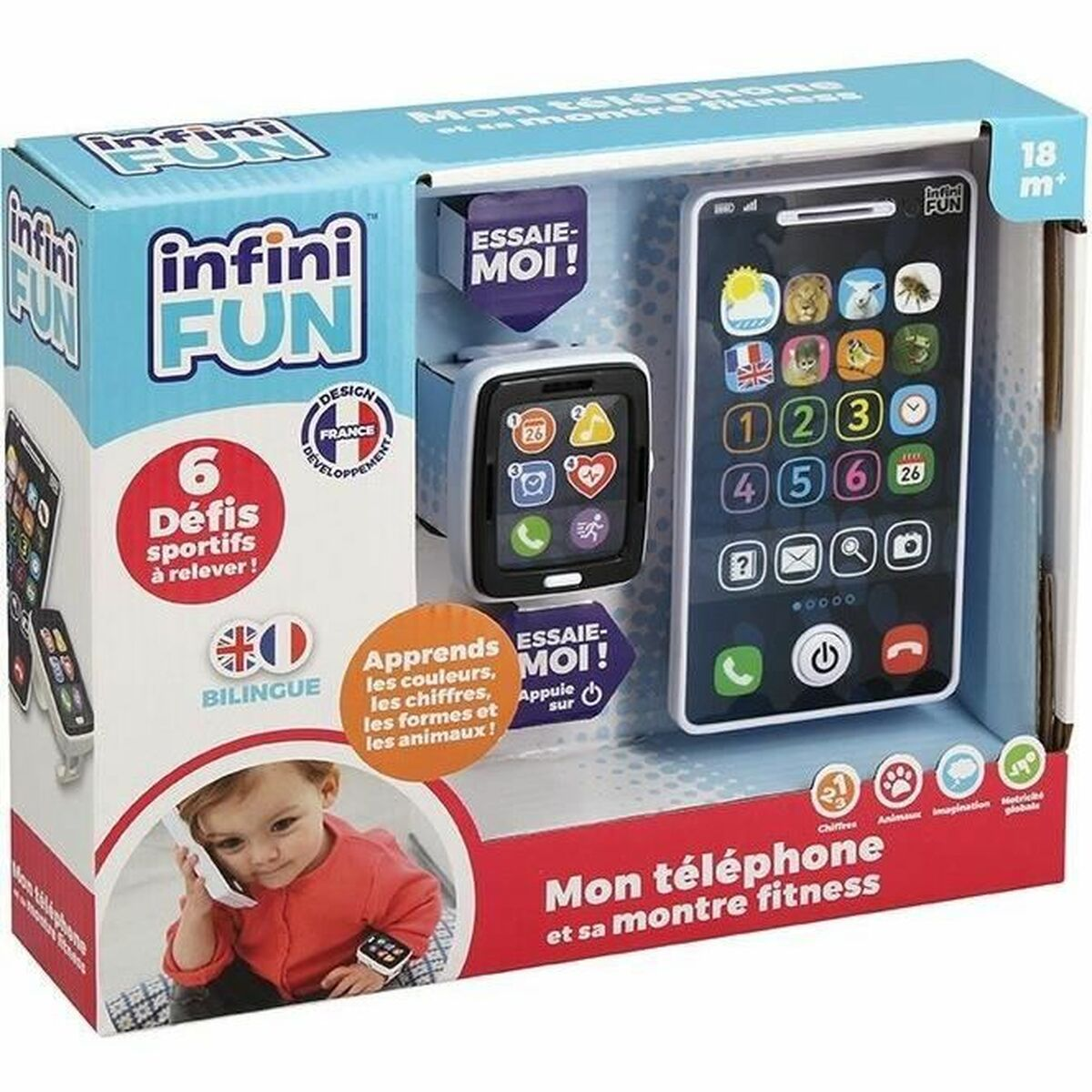 Verpackung eines Lerntelefons und einer Fitnessuhr für Kleinkinder mit einem Baby.